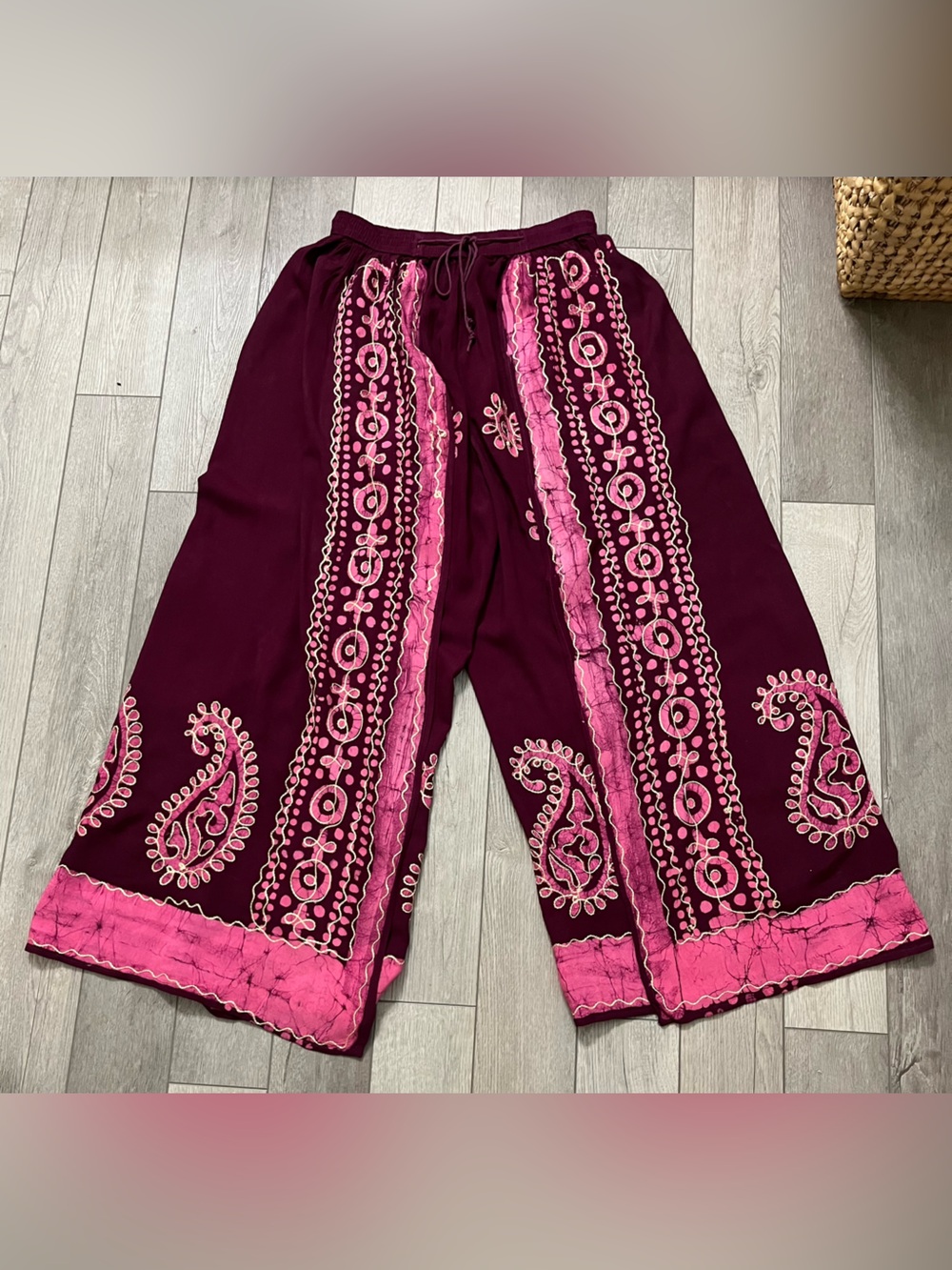 Boho Embroidered Wide-Leg Pants - Pink on Burgundy Size Small